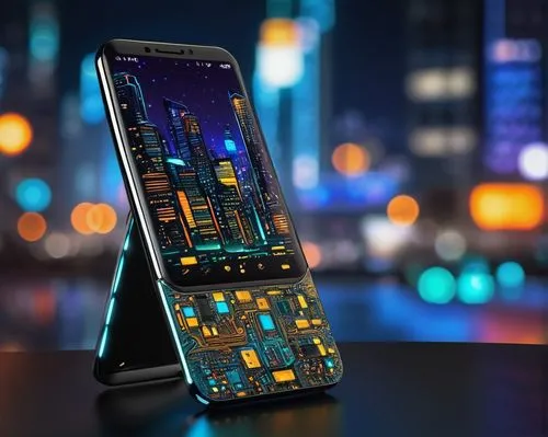 Modern futuristic mobile phone, sleek metallic body, rounded edges, glossy screen, high-resolution display, intricate circuitry patterns, LED lights, USB-C port, power button, volume controls, slim de