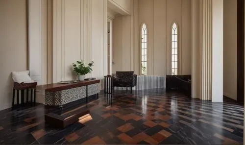 realisticly render the space with warm colors and soft materials.  Keep the floor a black marble with a checkered pattern in the back,hardwood floors,parquetry,danish room,parquet,wood floor,panelled,