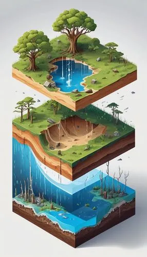 Isometric, Isometric view, Parallel, Environmental degradation, air depletion, water depletion, soil depletion, analytical drawing, square. cube, terracing, lands, white background, dead wood, dead gr