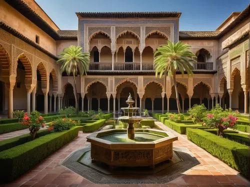 alcazar of seville,inside courtyard,umayyad palace,alhambra,courtyard,courtyards,alcazar,mamounia,persian architecture,la kasbah,monastery garden,caravanserais,deruta,cloister,university al-azhar,meknes,qasr al kharrana,ibn tulun,qasr al watan,andalus,Art,Classical Oil Painting,Classical Oil Painting 06