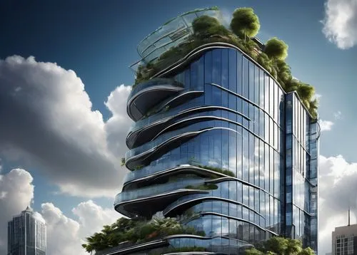 Futuristic skyscraper, modern architectural style, sleek metal framework, curved glass façade, LED light installation, rooftop garden, helipad, urban cityscape, busy streets, daytime, sunny weather, d