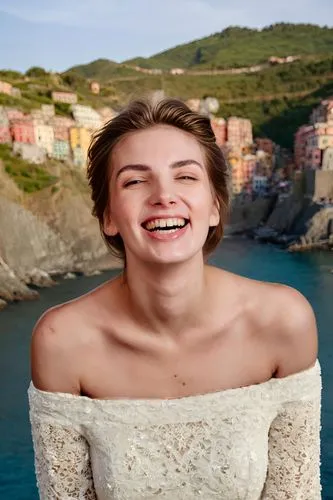 a girl's smile,manarola,cinque terre,gaztelugatxe,giglio,to laugh,capri,laughing tip,grin,oia,the girl's face,portofino,d'este,apulia,positano,romantic portrait,mediterranean,civetta,carnaroli,natural cosmetic,Female,Updo,Youth adult,M,Confidence,Evening Dress,Outdoor,Cinque Terre