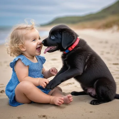 An adorable black lab puppy, on a sandy beach , sitting near her is a cute baby girl, with curly blond hair, big blue eyes, she is laughing at the puppy,little boy and girl,first kiss,playing puppies,