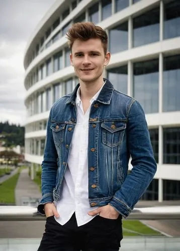 Architectural diploma, building design, Holmesglen Institute, mature male student, 25-30yo, casual clothes, denim jacket, white shirt, black jeans, sneakers, holding a large portfolio, standing in fro