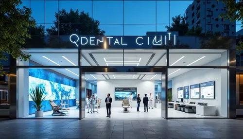 Futuristic dental clinic, gleaming metallic facade, angular lines, neon-lit signage, sleek glass surfaces, minimalist entrance, automatic sliding doors, modern LED lighting, sterile white interiors, h