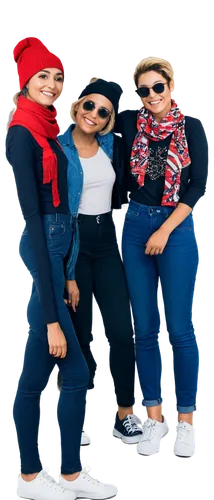 Group of friends, casual wear, jeans, t-shirts, sneakers, smiling faces, different hairstyles, accessories like hats, sunglasses, scarves, various skin tones, relaxed posture, leaning on each other, n