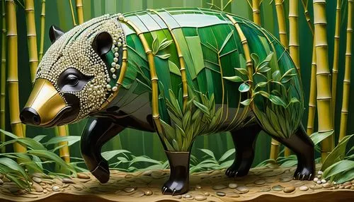 tiffany glass art tapir in bamboo forest, gold green white and pearls,there is a bear that is in a painting,babirusa,tapir,tapirs,straw animal,muldaur,uintatherium,quagga,anteater,armored animal,bambo