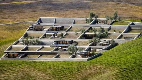 Small stone villas surrounded by stone boundary walls on a rural mountain with few trees and blue sky,icelandic houses,cube stilt houses,grass roof,dunes house,cube house,eco hotel,terraced,mongolian,