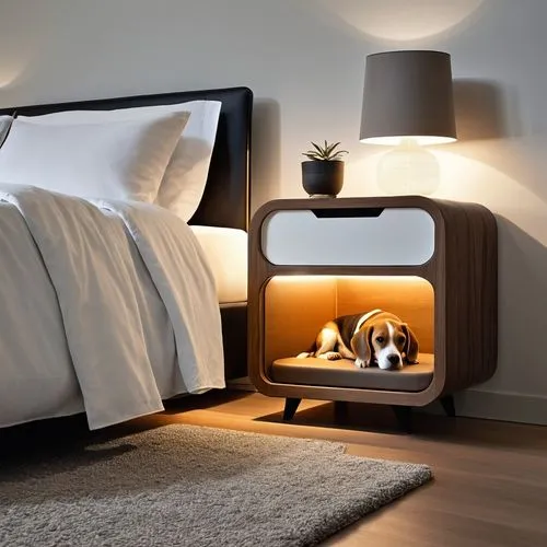 mesa de noche con un cajon cerrado y con una cama de perro en su interior, adentro se encuentra un beagle,bedside lamp,dog house frame,dog house,wood doghouse,lampe,table lamp,bedroomed,nightstands,be