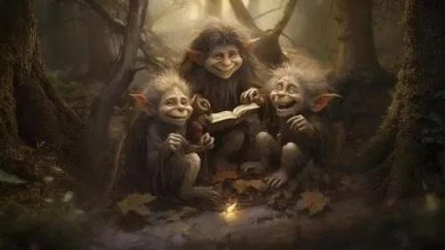 three troll - like people in a dark forest sitting down on the ground,triwizard,hobbits,rumpelstiltskin,norns,radagast,narnians