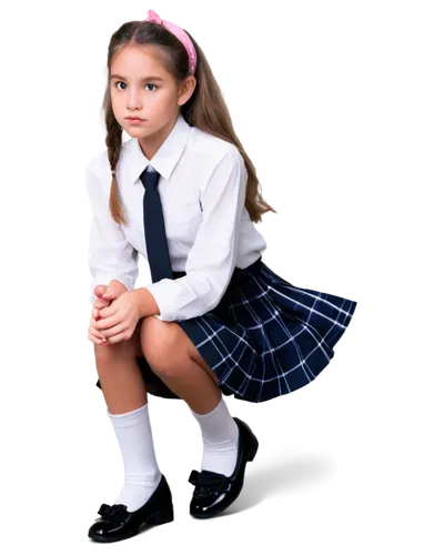 schoolgirl, kneeling, white socks, black Mary Jane shoes, pink toenails, smooth legs, plaid skirt, white blouse, tied hair, sweet facial expression, gentle gesture, soft focus, warm lighting, 3/4 comp