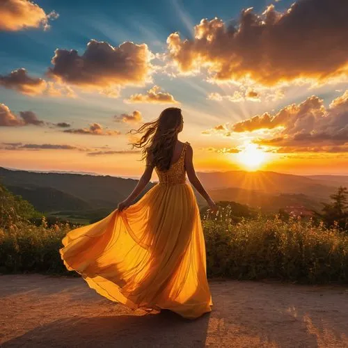 girl in a long dress,celtic woman,golden light,girl in a long dress from the back,eurythmy,woman silhouette,sun bride,evening dress,long dress,goldenlight,golden sun,yellow sky,enchantment,girl on the dune,rumi,sunset,sunset glow,countrywoman,dance silhouette,flower in sunset,Photography,General,Realistic