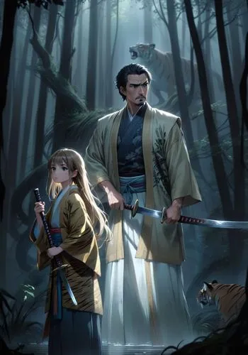 A dramatic scene unfolds in a shadowy, ancient Japanese forest. A determined man and his young daughter, both clad in traditional beige kimonos, stand ready to defend themselves. Their swords gleam om