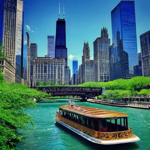 chicago,chicago skyline,water taxi,chicagoan,chicagoland,metra,dearborn,cta,lake shore,riverboats,taxi boat,dusable,riverboat,floating on the river,turismo,water bus,cityhopper,grand canal,sears tower,lakefront,Illustration,Retro,Retro 13