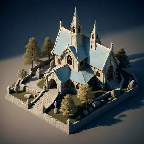 Rivendell, isometric 3d perspective, elves house, transparent background,,an artistic rendering of a 3d model of a church,little church,sunken church,gothic church,voxel,3d model,notredame