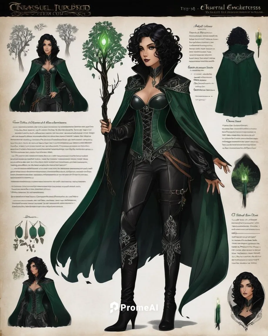 Mysterious umbral enchantress, solo, (25yo), mesmerizing green eyes, subtle smoky makeup, curly raven-black hair, velvet cloak with intricate silver embroidery, laced corset, dark leather boots, mysti