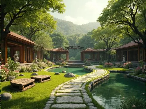 teahouse,asian architecture,zen garden,green garden,home landscape,japanese garden,fantasy landscape,green landscape,rivendell,japan garden,japanese zen garden,landscaped,shaoming,verdant,qingcheng,idyllic,green forest,shangri,ryokan,garden pond,Photography,General,Realistic