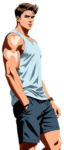 muscular man, athletic build, strong facial features, intense gaze, messy short hair, sweat drips down face, ripped sleeveless shirt, low-rise shorts, bulging biceps, flexed legs, powerful stance, dra