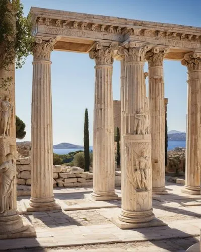 Ancient Roman, historical, architectural, grandiose columns, Doric, Ionic, Corinthian orders, ornate carvings, marble, stone, rustication, pedestal base, fluted shafts, capital tops, architrave, friez