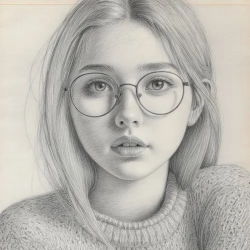 女生，毛衣，眼镜,pencil drawing of a young woman wearing glasses,girl portrait,girl drawing,pencil drawing,graphite,pencil drawings,pencil and paper,Illustration,Black and White,Black and White 30