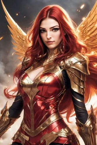 Realistic photo of a model with bold, dramatic makeup, smoky eyes, and red lips.,a beautiful woman in armor with red hair,fire angel,flamebird,zauriel,archangel,angelfire,uniphoenix,Digital Art,Comic