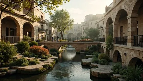 Ancient stone bridges, ornate balustrades, rustic arches, weathered stonework, moss-covered piers, gentle water flow, serene riverbanks, lush greenery, vibrant flowers, historic cityscape, warm golden