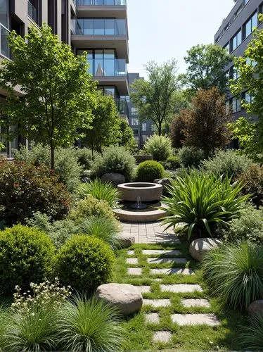 Photograph of a landscaped garden with a variety of plants and a water feature. The garden features a mix of shrubs, flowering plants, and trees, set against a backdrop of a modern building facade. A 