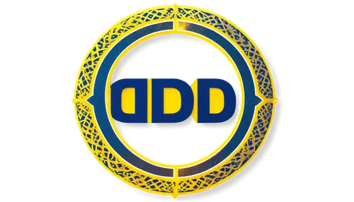 Den logo, emblem, circular shape, golden yellow background, bold dark blue font, stylized letter "D", geometric patterns, metallic texture, shiny effect, centered composition, soft focus, warm lightin