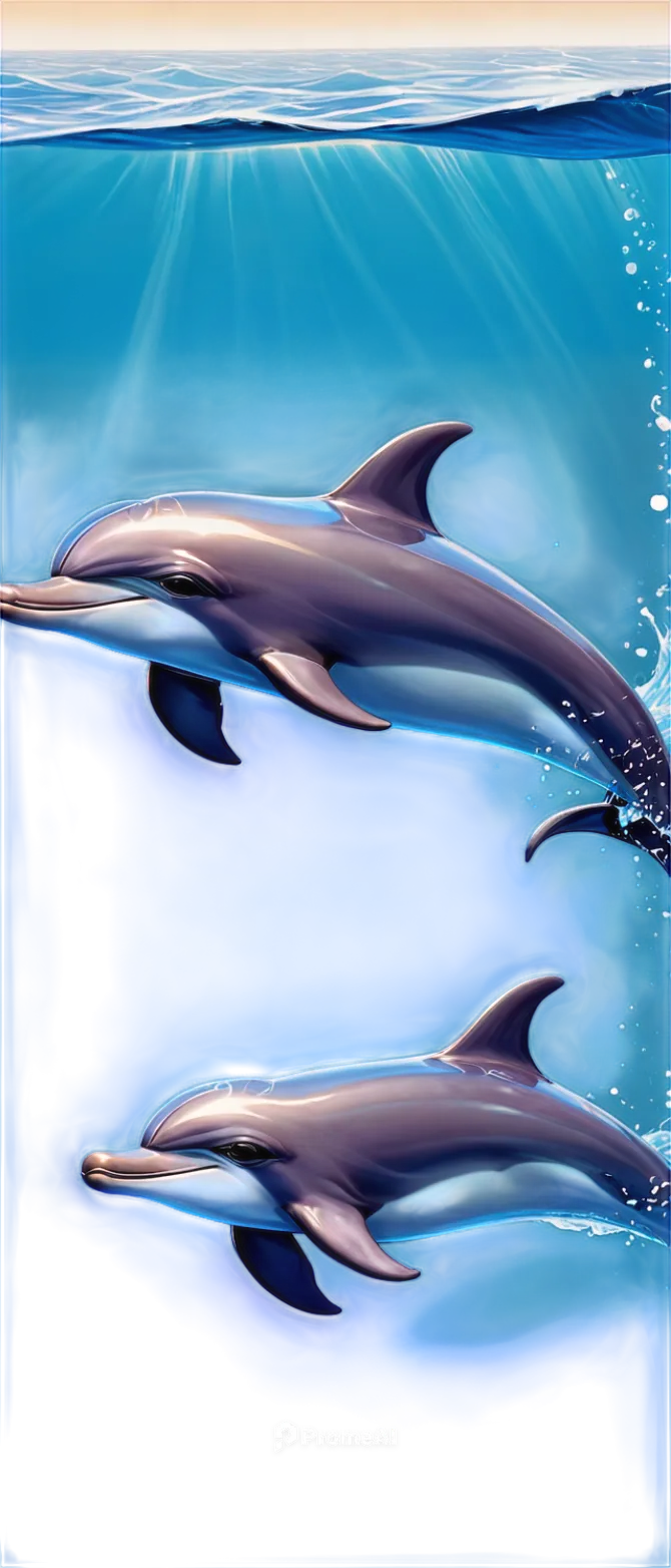 Dolphins, swimming, leaping out of water, shiny blue skin, dorsal fin, blowhole, ocean waves, sunlight reflection, close-up face, friendly smile, playful actions, tropical sea, clear turquoise water, 