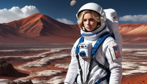 Reyna camp Jupiter, astronaut girl, 25yo, athletic build, short blonde hair, blue eyes, NASA logo on white spacesuit, helmet under arm, backpack with oxygen tank, standing on Martian terrain, rocky la