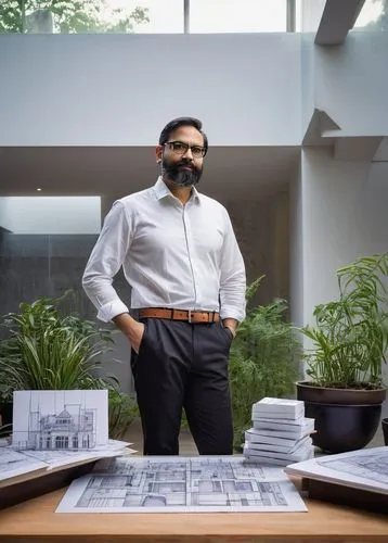 Middle-aged man, architectural designer, Chandigarh, India, glasses, short hair, trimmed beard, white shirt, black trousers, leather belt, holding blueprints, standing in front of a building model, mo