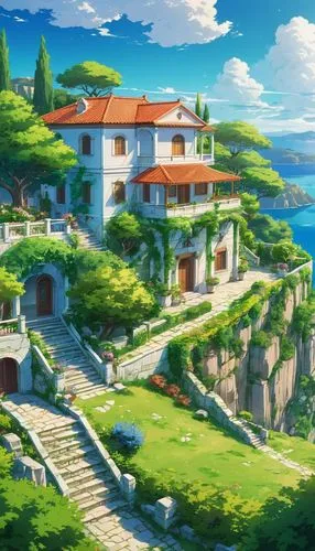 meteora,butka,cliffside,home landscape,landscape background,machico,roof landscape,ghibli,kanto,ancient city,hillside,holiday villa,dreamhouse,house in mountains,house in the mountains,idyllic,tramuntana,apolloni,hoenn,mountain settlement,Illustration,Japanese style,Japanese Style 03