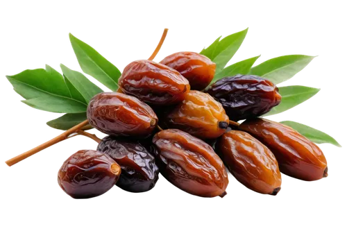 Dates, bunch, green leaves, brown stems, sweet fruit, wrinkled skin, natural light, 3/4 composition, shallow depth of field, warm color tone, cinematic lighting, close-up shot, detailed texture.,date 