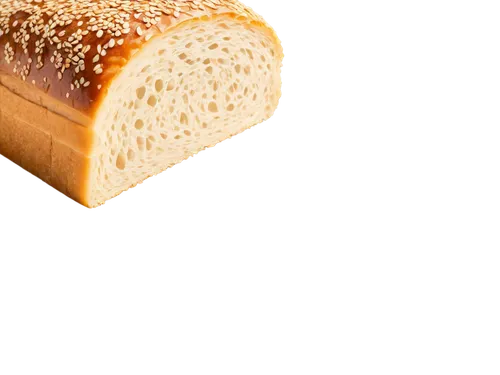 Freshly baked bread, golden crust, soft interior, sesame seeds on top, rustic texture, natural material, warm lighting, shallow depth of field, 3/4 composition, slight blur effect, PNG with transparen