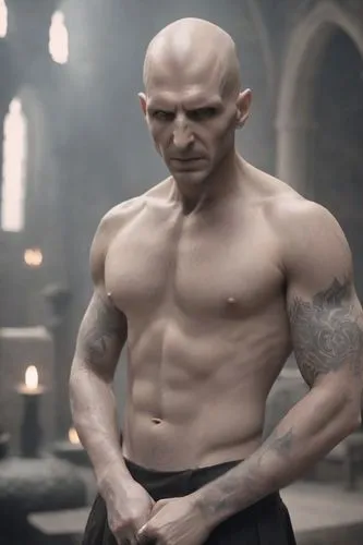 Handsome mature man, dark and spicy vibes. Messy and exotic dark clothes  . Bad guy, Shaved head, euphoria series style. tattooed. Modern Hogwarts. Crazy vibes. Voldemort ,zsasz,moghul,dolarhyde,deuca