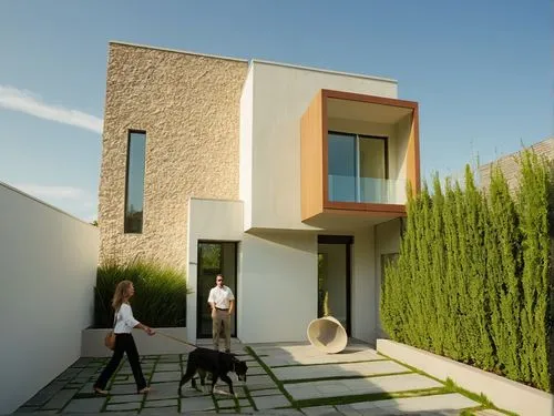 CASA ESTILO MINIMALISTA UBICADA EN UN FRACCIONAMIENTO CON VEGETACIÓN EXUBERANTE, PERSONAS,ARBOLES, PALMERAS, CORRECCION DE ERRORES,two people walking their dogs in front of a modern home,dunes house,c