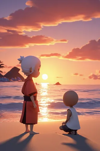 sunset,coast sunset,setting sun,sunset glow,sundown,sunsets,summer evening,the sun has set,sun and sea,dusk background,little boy and girl,loving couple sunrise,dusk,the endless sea,the beach pearl,animation,eventide,sunrise,romantic scene,exploration of the sea,Unique,3D,3D Character