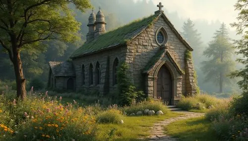 forest chapel,little church,church painting,wooden church,chapels,house in the forest,nargothrond,witch's house,cottage,gothic church,pastoral,summer cottage,church,home landscape,black church,little house,sanctuary,chapelle,church faith,lonely house,Photography,General,Realistic