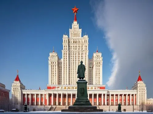 Stalinist architecture, grandiose, monumental, ornate details, symmetrical composition, imposing structure, Soviet Union flag, Moscow cityscape, winter scene, snow-covered rooftops, frozen fountain, L