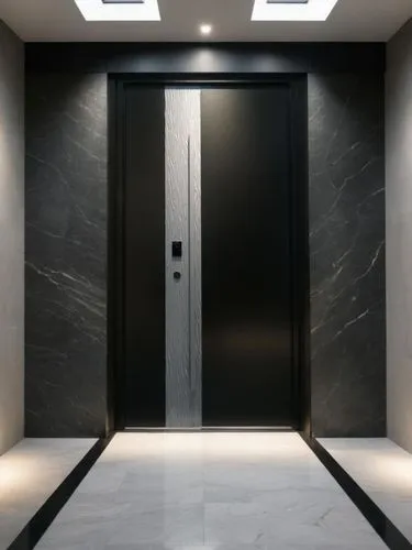 现代极简建筑长廊的入口场景，大理石岩板，,levator,metallic door,elevator,elevators,room door,modern minimalist bathroom,luxury bathroom,door,washroom,steel door,hinged doors,hallway space,the door,doors,the threshold of t