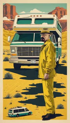 Craft a suspenseful Breaking Bad poster highlighting the iconic RV,breaking bad,travel trailer poster,desert safari,yellow taxi,amarillo,civil defense,janitor,yellow machinery,ambulance,bus driver,tra