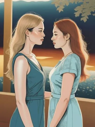 Line drawing of two human females face by face.,a painting of two women standing next to each other,wlw,avalance,riverdale,two girls,sapphic,gfs,Illustration,Vector,Vector 03