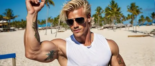 Hot blond men, muscular physique, six-pack abs, strong jawline, bright blue eyes, messy blond hair, tattoos on arms, chest hair, casual wear, denim jeans, white T-shirt, sunglasses, beach volleyball, 