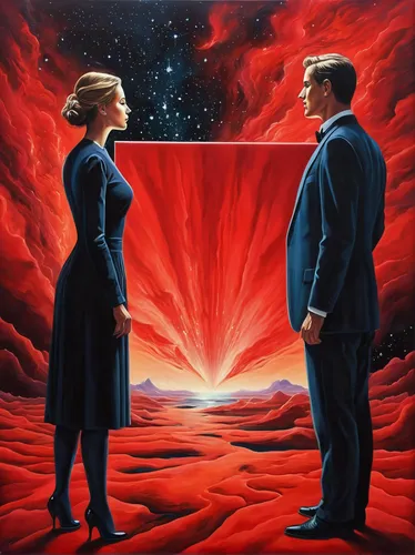 Imagine a romantic encounter under the mesmerizing glow of the red rectangle nebula.,red matrix,contemporary witnesses,andromeda,cygnus,dispute,astronomers,space art,two people,on a red background,sol