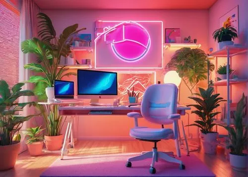 computer room,pink chair,working space,creative office,modern office,desk,pink vector,3d background,workspaces,blur office background,computable,aesthetic,neon,computer workstation,study room,neon coffee,bureau,brighthouse,office desk,workspace,Conceptual Art,Sci-Fi,Sci-Fi 28