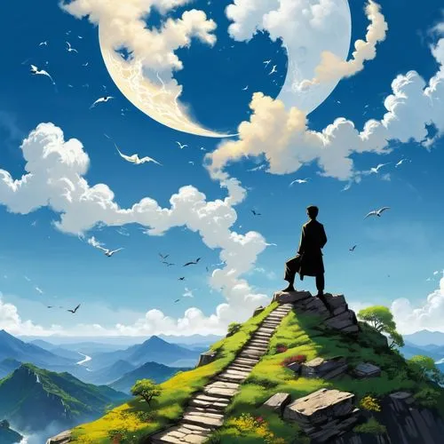 landscape background,konietzko,ghibli,studio ghibli,journey,hoenn,mountain scene,world digital painting,high landscape,wander,mountain world,wanderer,hisaishi,sky,beautiful wallpaper,mountain,the wanderer,blue sky clouds,blue sky,the path,Unique,Design,Sticker