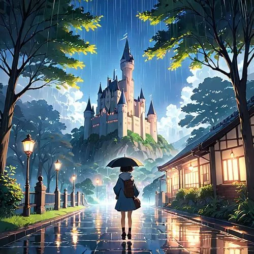 studio ghibli,shanghai disney,walking in the rain,violet evergarden,rainy day,rainy,tokyo disneyland,fairy tale,fairy tale castle,disney castle,after the rain,a fairy tale,fairytale castle,cinderella,fantasy world,in the rain,fantasy city,rainy season,after rain,umbrellas,Anime,Anime,Traditional