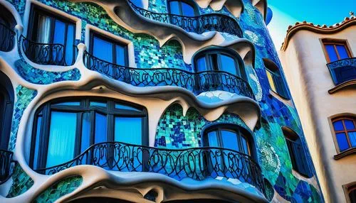 Casa Batlló architecture, Gaudí-inspired, colorful mosaic façade, undulating roofline, irregularly-shaped windows, twisted tree-like columns, vibrant turquoise and blue hues, intricate stonework, orna