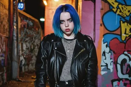 Billie Eilish, singer, solo, 18yo, bold eyebrow, blue hair, pale skin, dark eye makeup, bold lip color, edgy outfit, leather jacket, ripped jeans, black boots, mic in hand, standing, city street, nigh