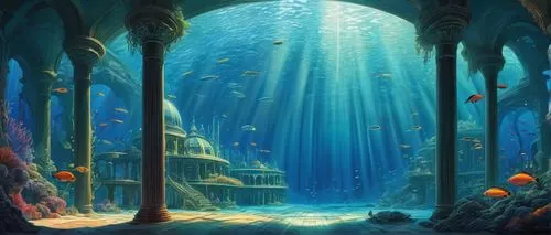 underwater landscape,underwater background,underwater oasis,under sea,ocean underwater,aquarium,under the sea,underwater playground,underwater world,undersea,atlantica,ocean floor,sunken church,school of fish,cartoon video game background,seaquarium,atlantis,house of the sea,deep ocean,coral reef,Illustration,Retro,Retro 22